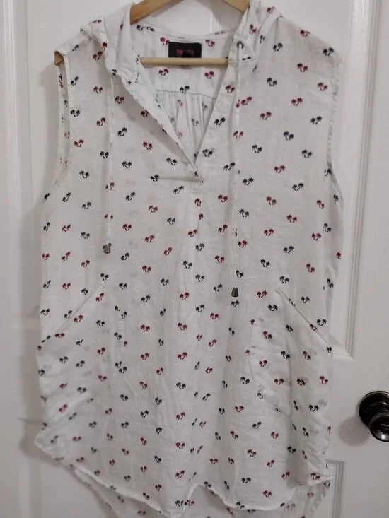 For Cynthia Beachwear Linen Hooded Tunic Sleeveless Palm Print Cover Up - Picture 3 of 8